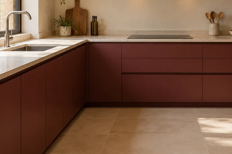Visualización conceptual IA de cocina: Cocinas de Bruno Ferrer. Detalle de materiales y distribución.