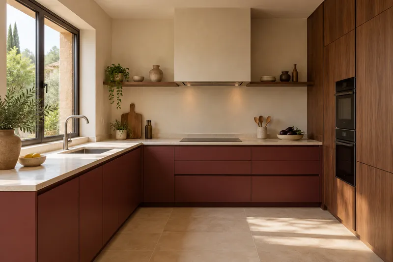 Visualización conceptual IA de cocina: Cocinas de Bruno Ferrer. Vista del espacio y su mobiliario.